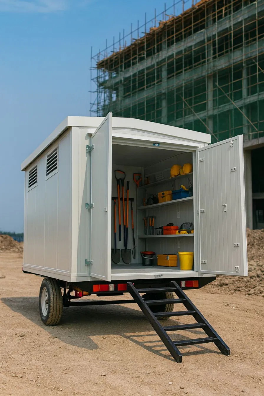 Bodega móvil BARIBOX con herramienta frente a una obra en construcción