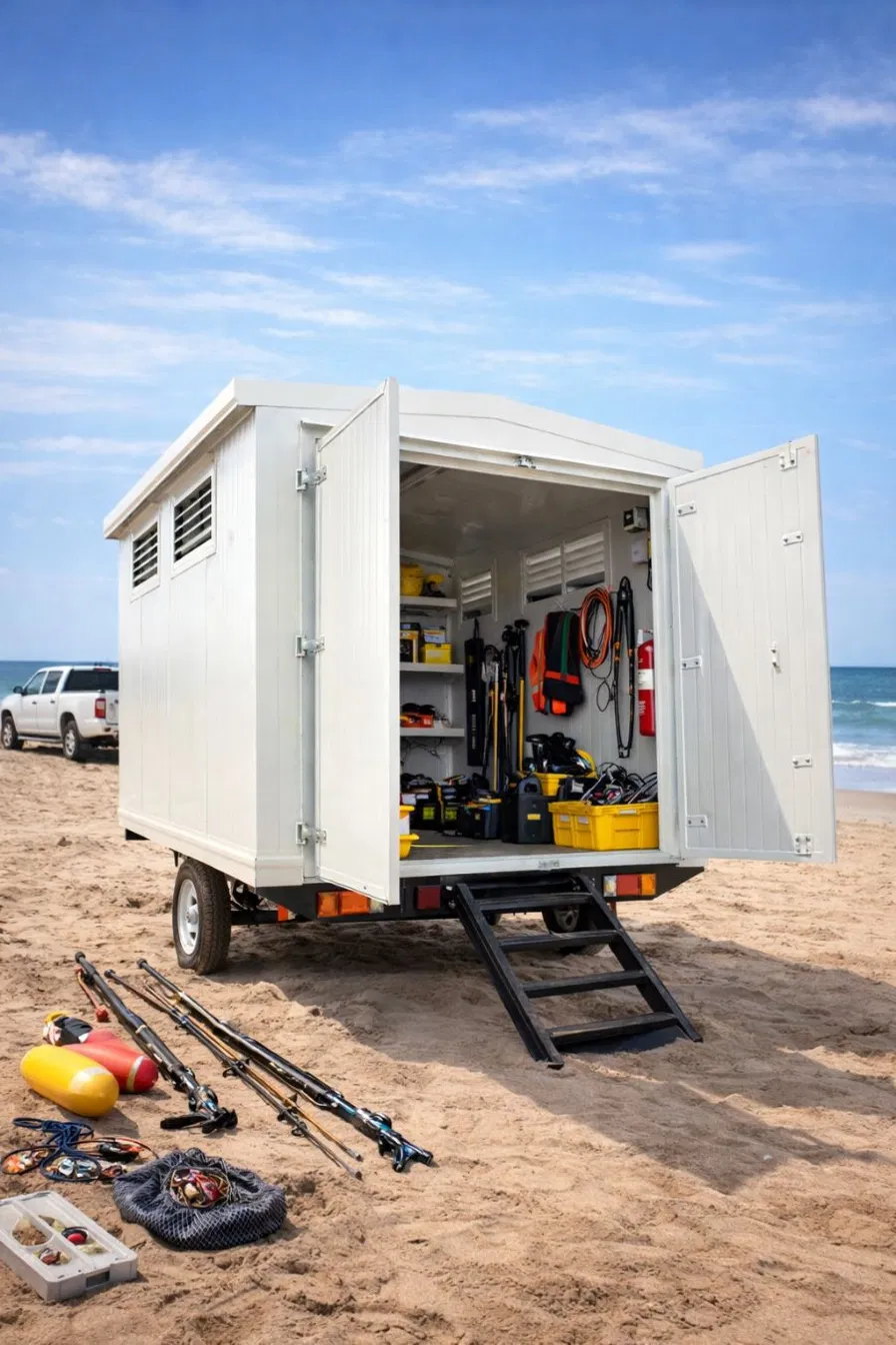 Bodega móvil BARIBOX en la playa con equipo de pesca