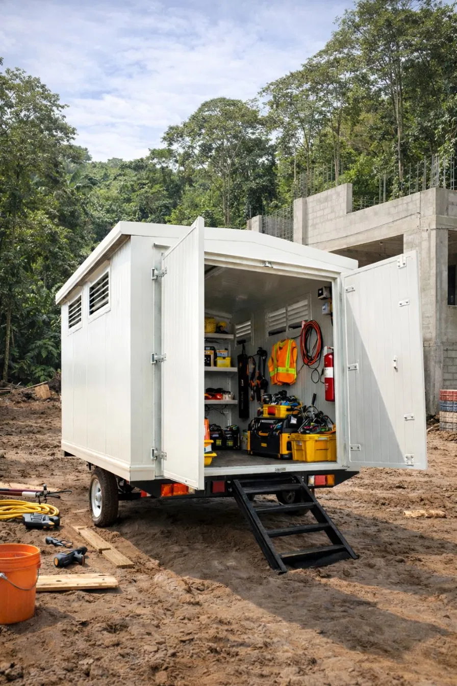 Bodega móvil BARIBOX en una obra rural rodeada de selva