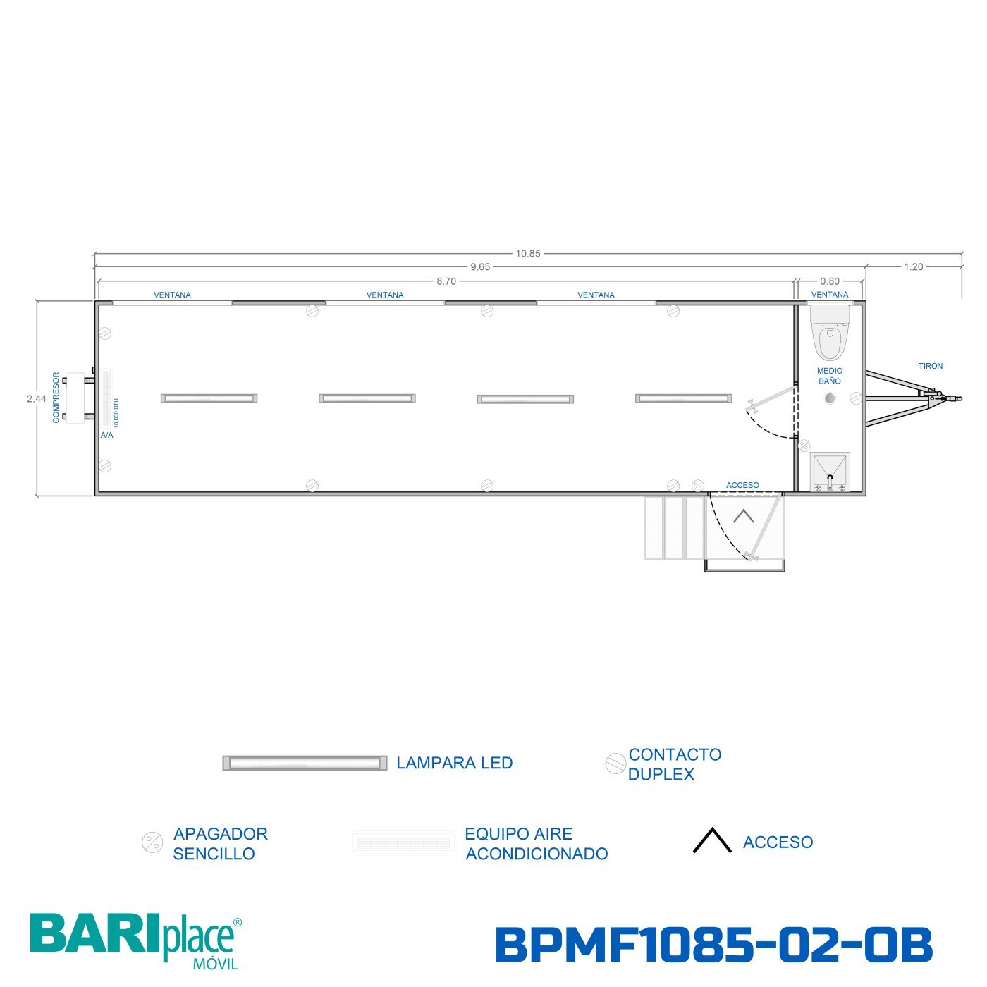 Plano en planta del modelo BPMF1085-02-OB