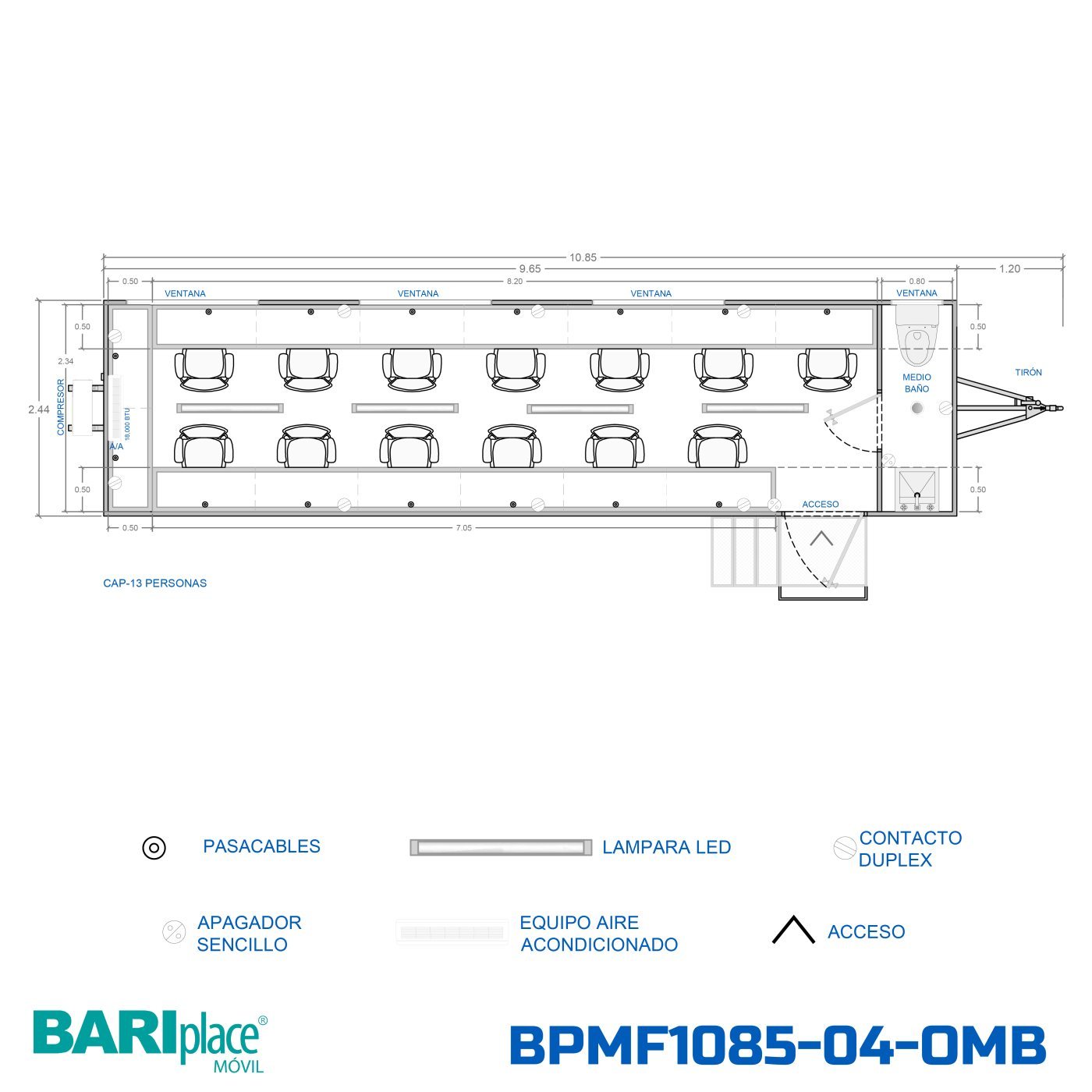 Plano en planta del modelo BPMF1085-04-OMB