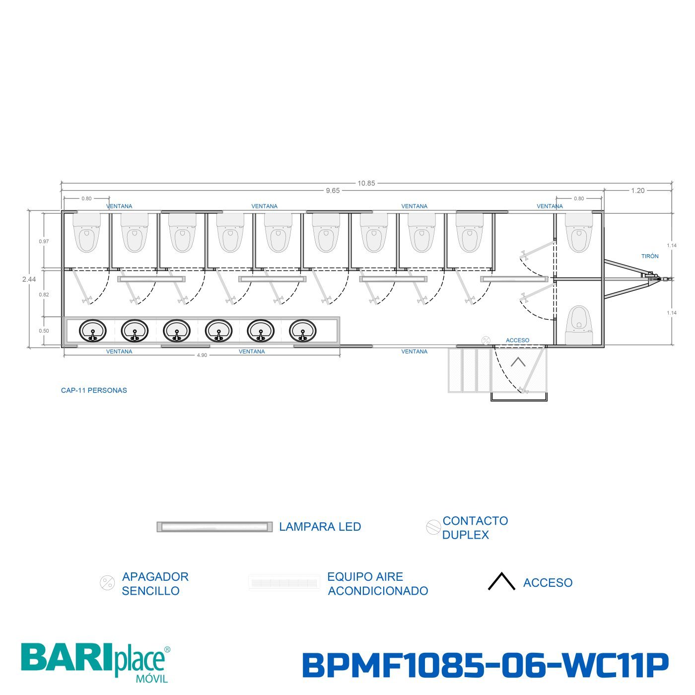 Plano en planta del modelo BPMF1085-06-WC11P