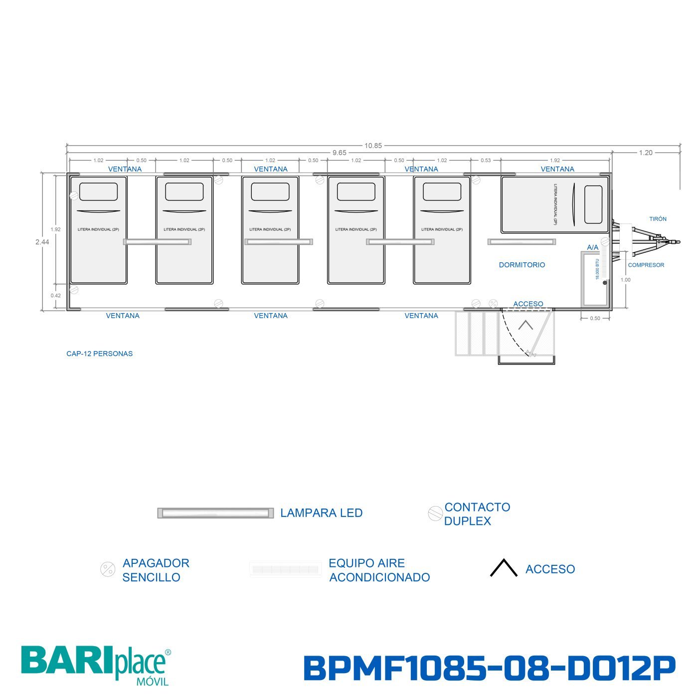 Plano en planta del modelo BPMF1085-08-DO12P