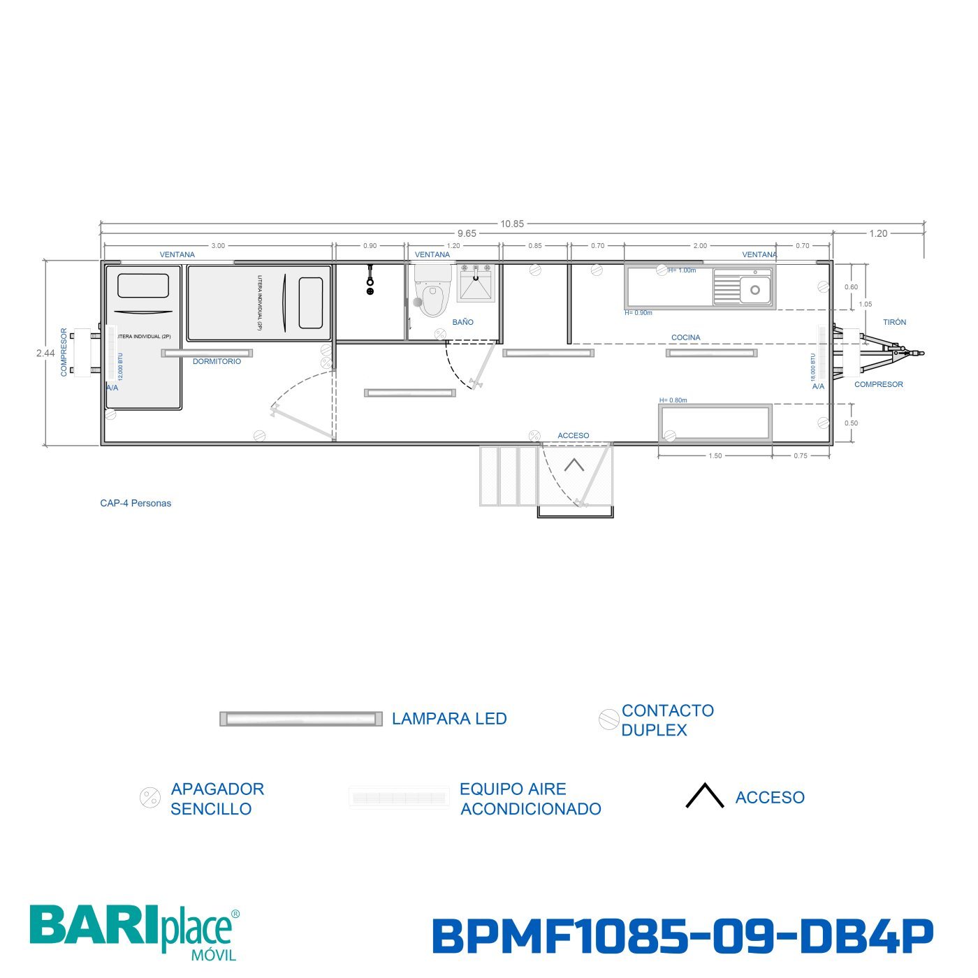 Plano en planta del modelo BPMF1085-09-DB4P