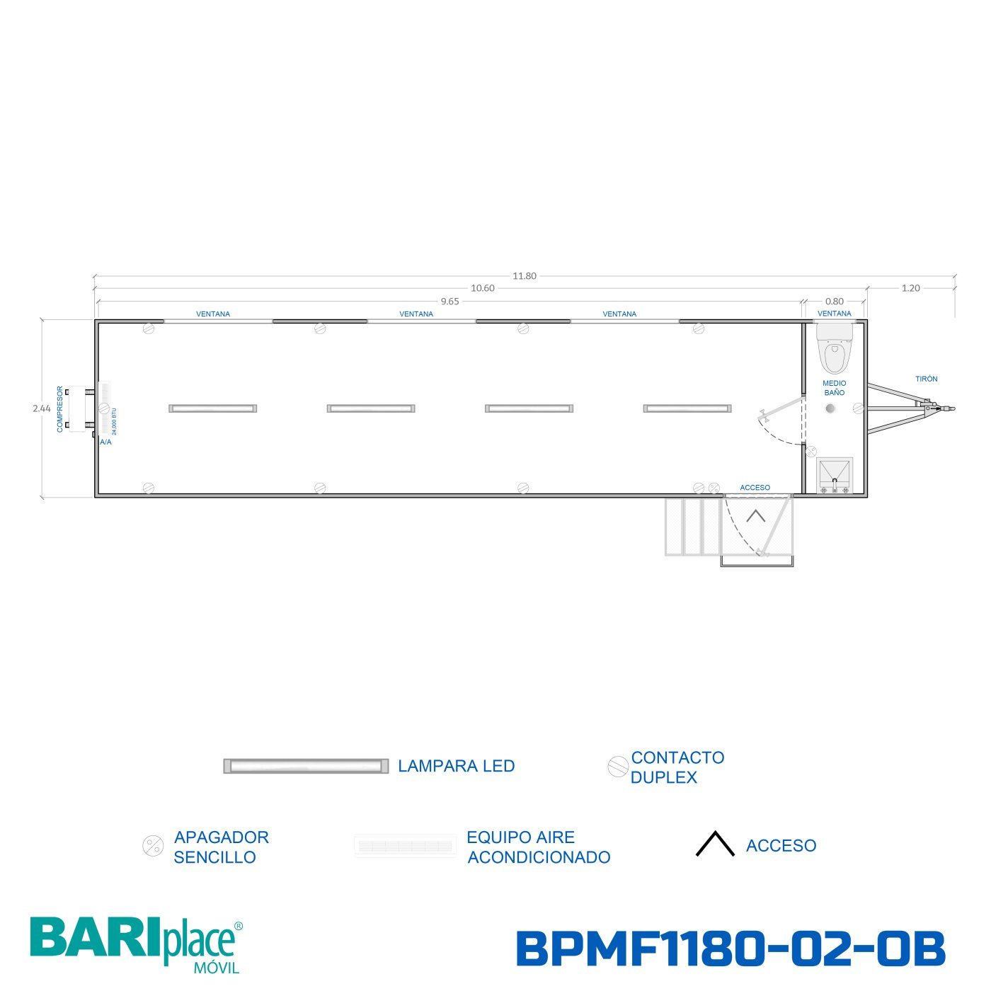 Plano en planta del modelo BPMF1180-02-OB