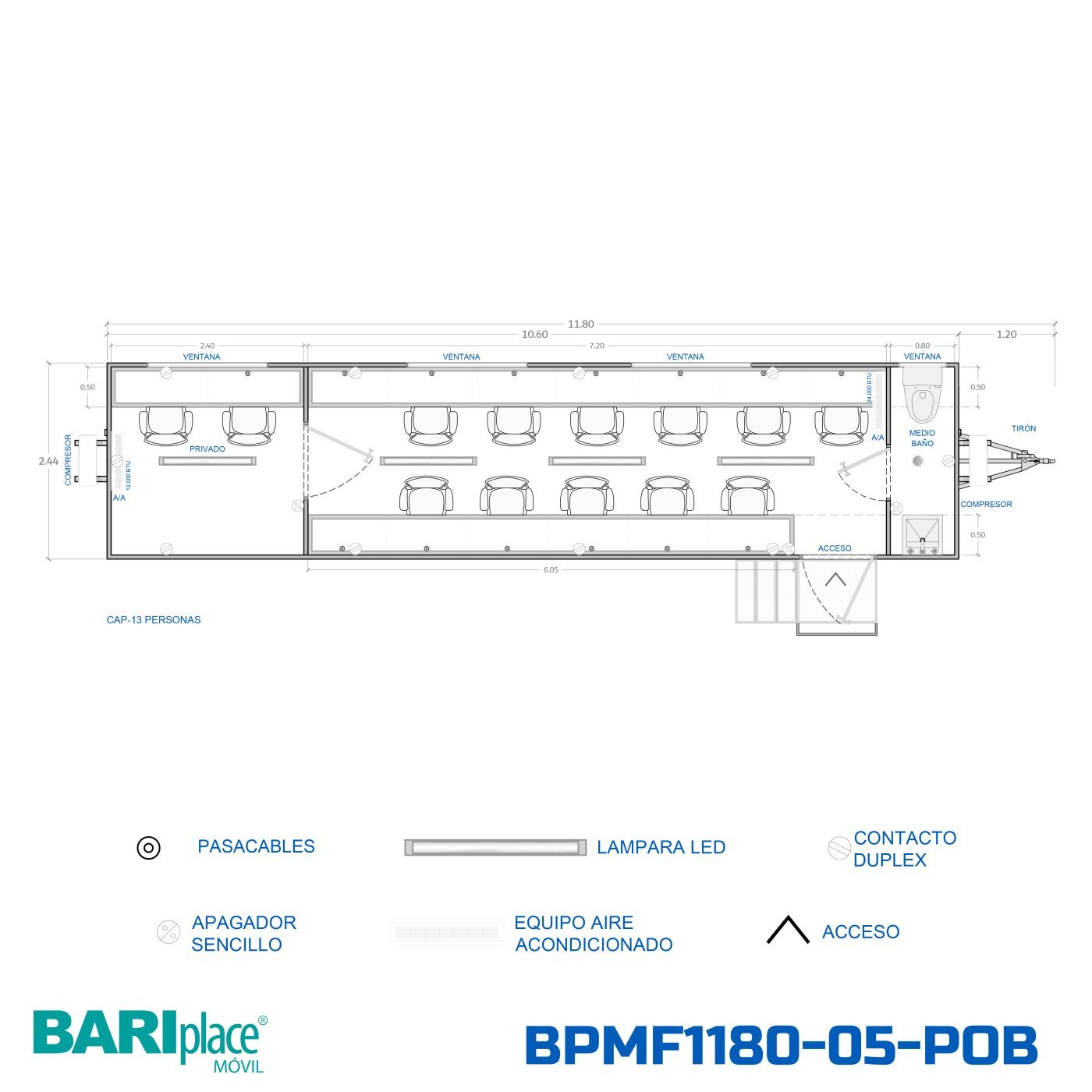 Plano en planta del modelo BPMF1180-05-POB