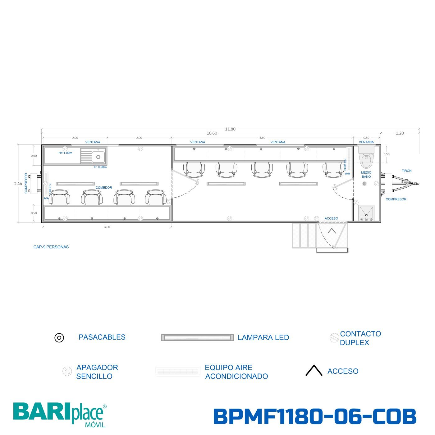 Plano en planta del modelo BPMF1180-06-COB