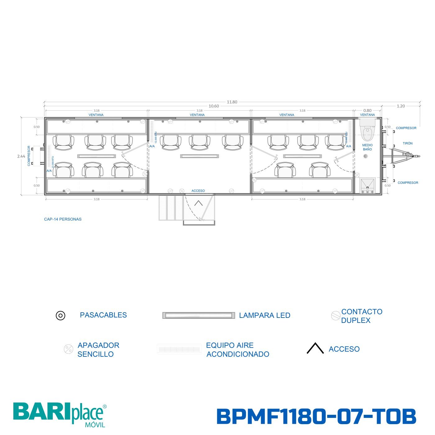 Plano en planta del modelo BPMF1180-07-TOB