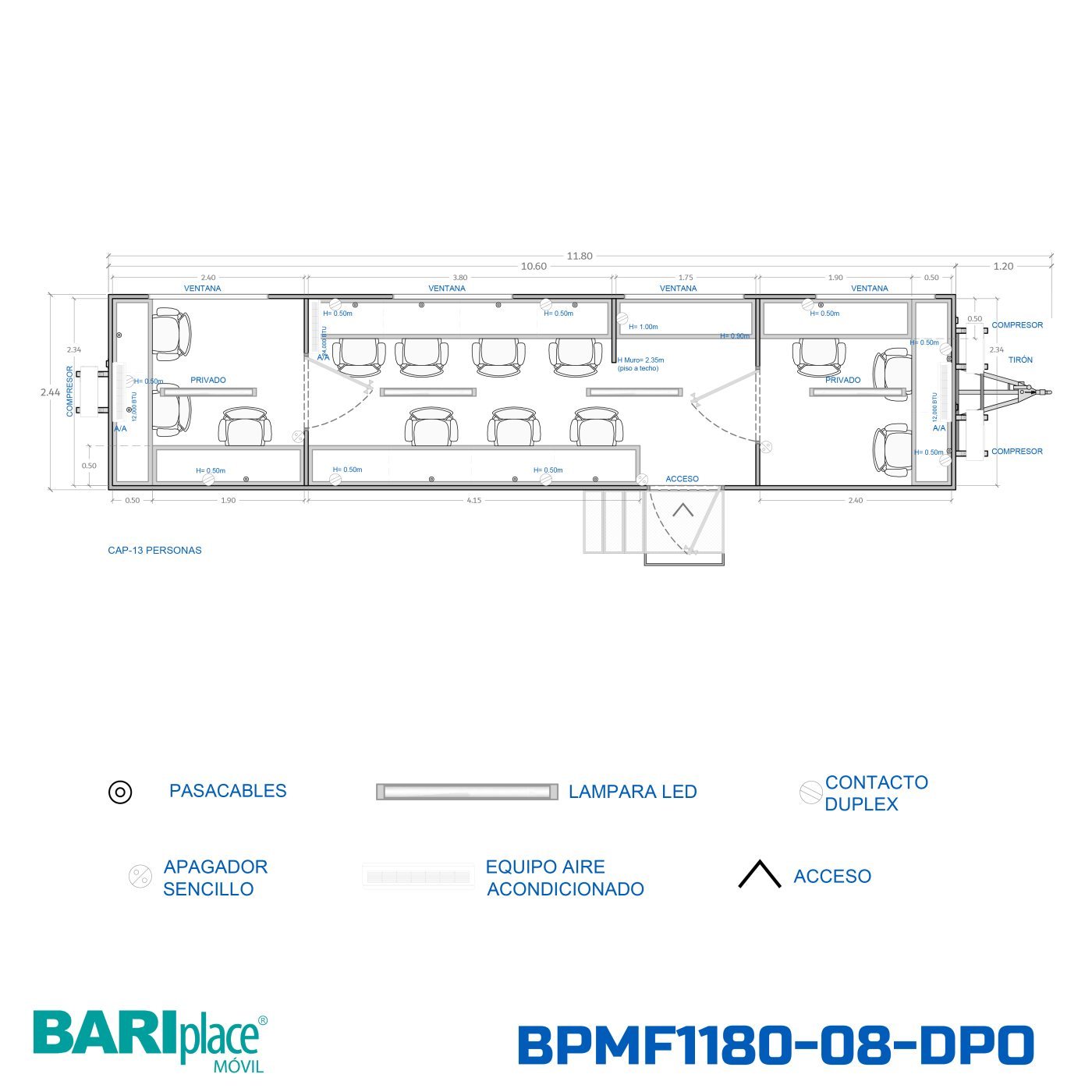 Plano en planta del modelo BPMF1180-08-DPO