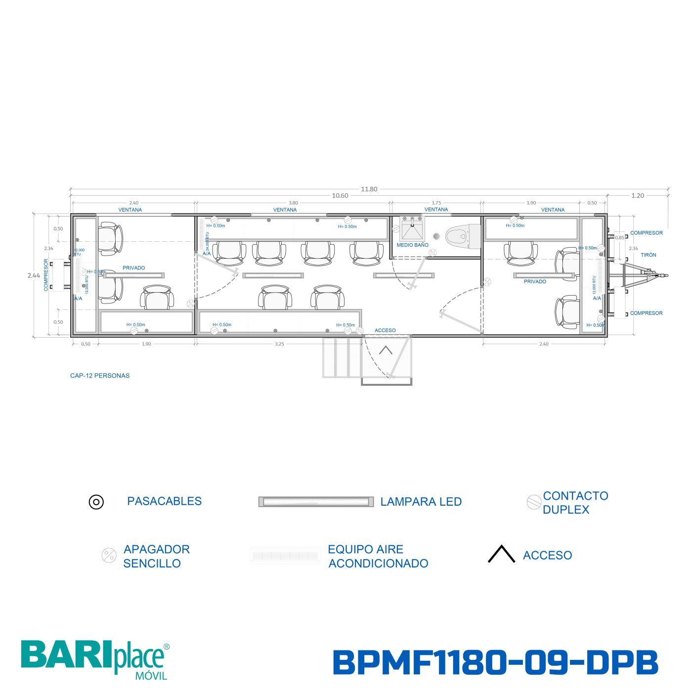 Plano en planta del modelo BPMF1180-09-DPB