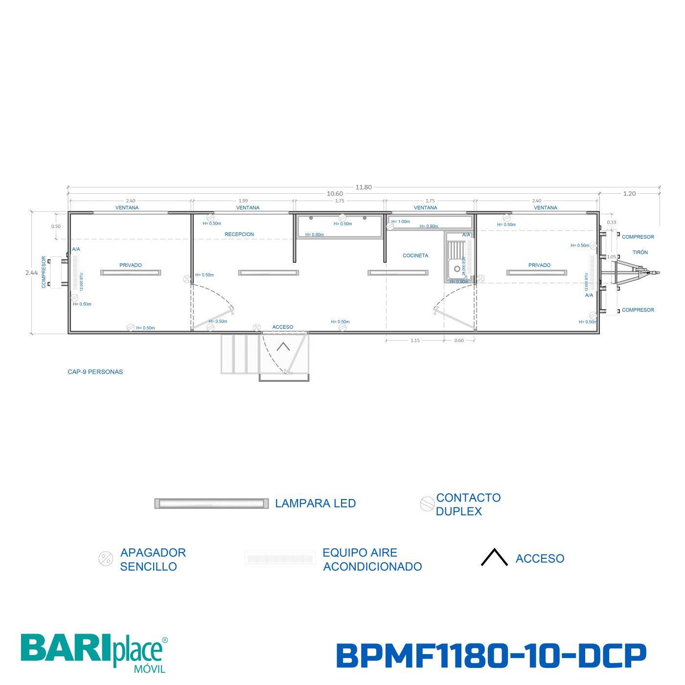 Plano en planta del modelo BPMF1180-10-DCP