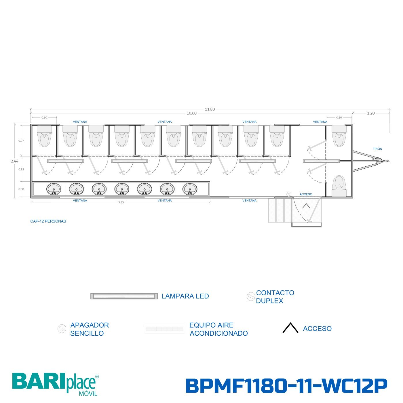 Plano en planta del modelo BPMF1180-11-WC12P