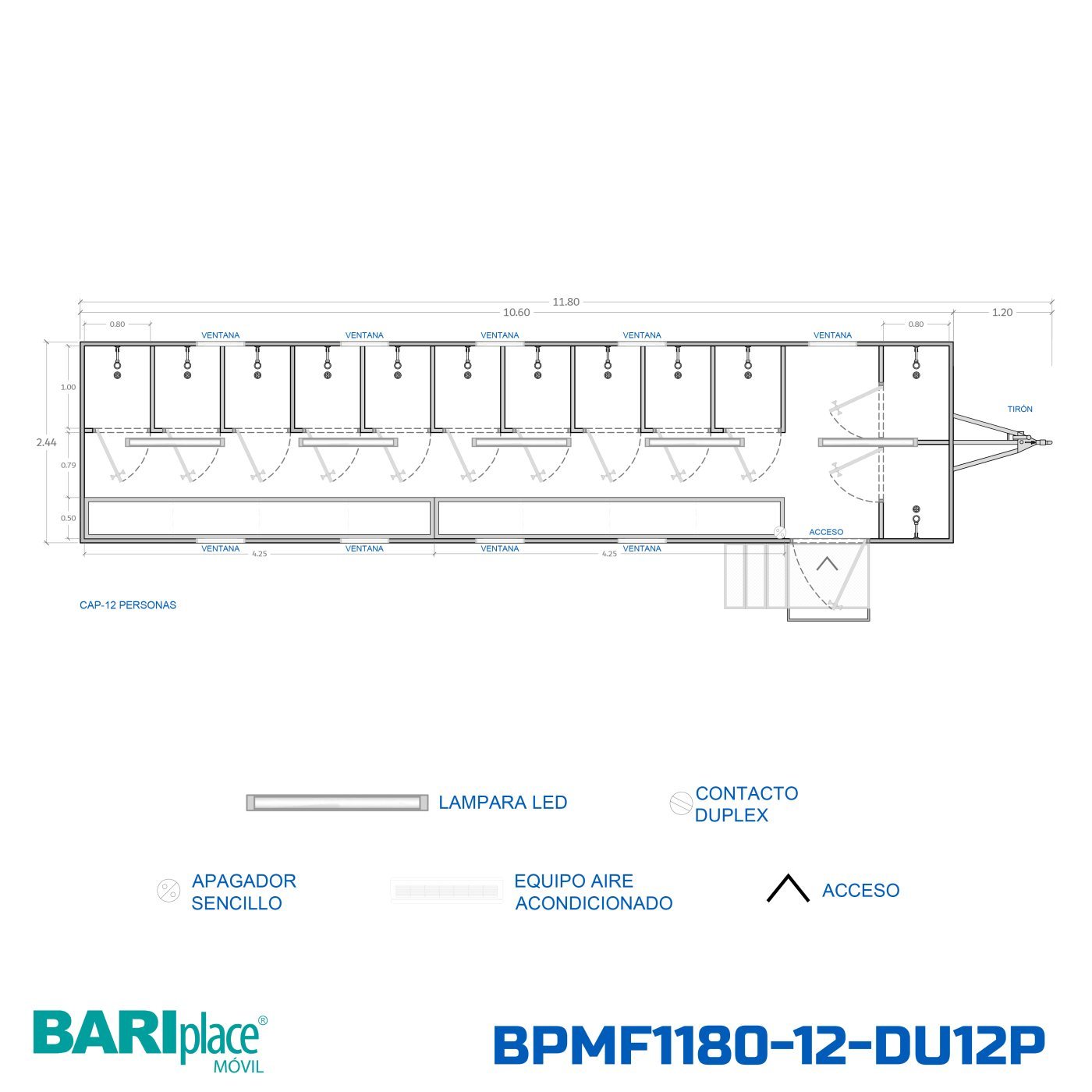 Plano en planta del modelo BPMF1180-12-DU12P