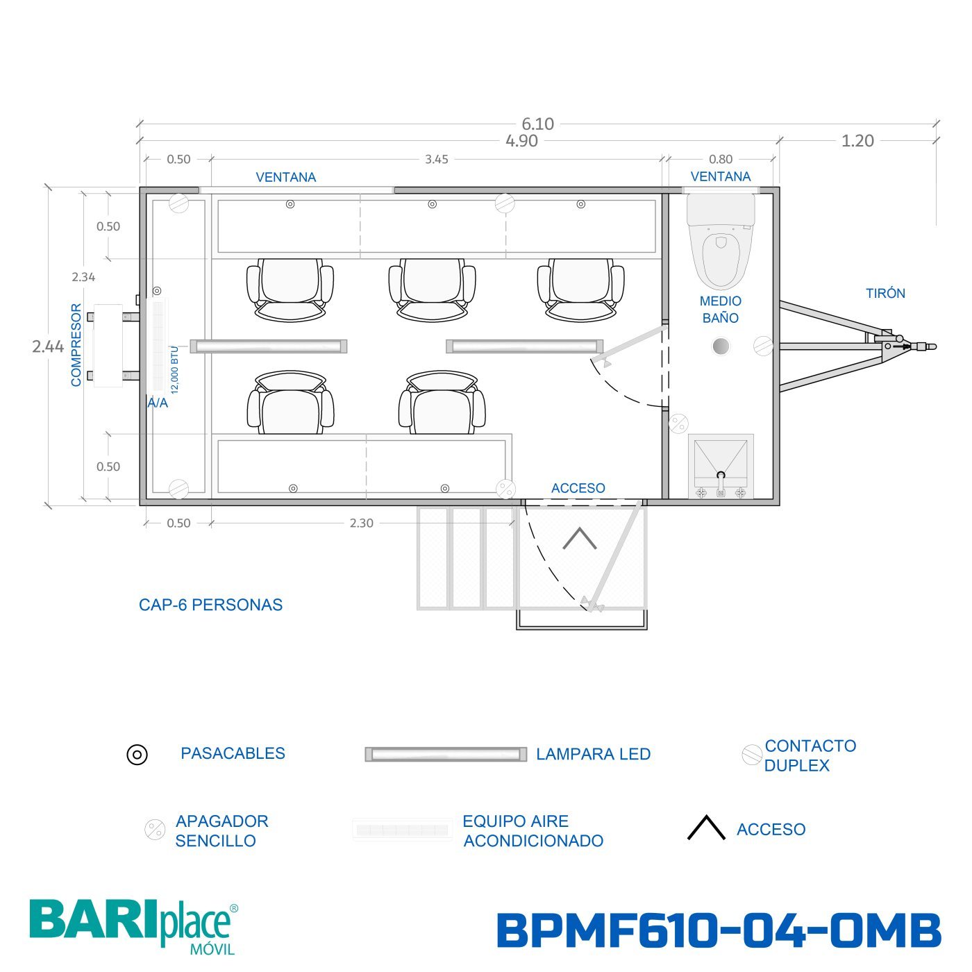 Plano en planta del modelo BPMF610-04-OMB
