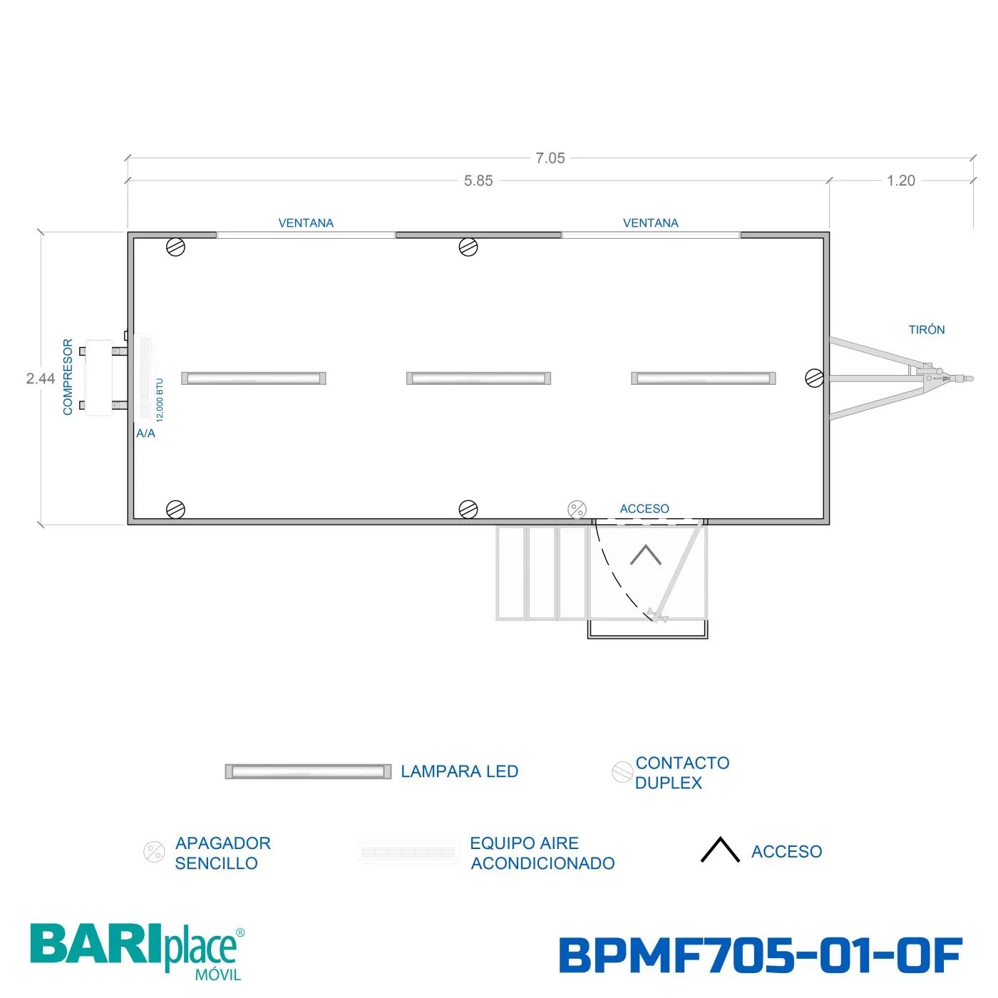 Plano en planta del modelo BPMF705-01-OF