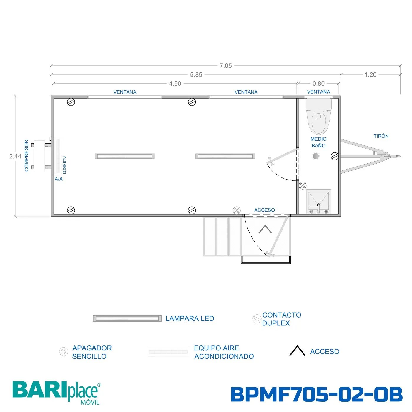 Plano en planta del modelo BPMF705-02-OB