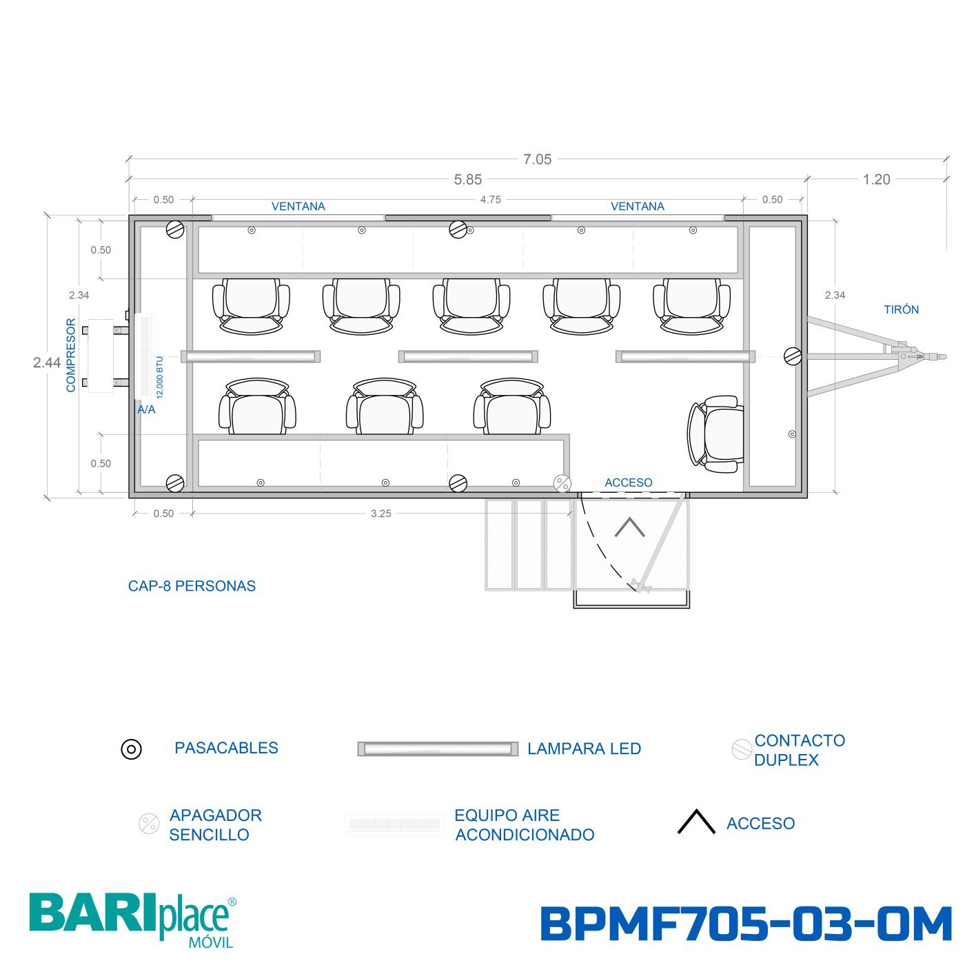 Plano en planta del modelo BPMF705-03-OM