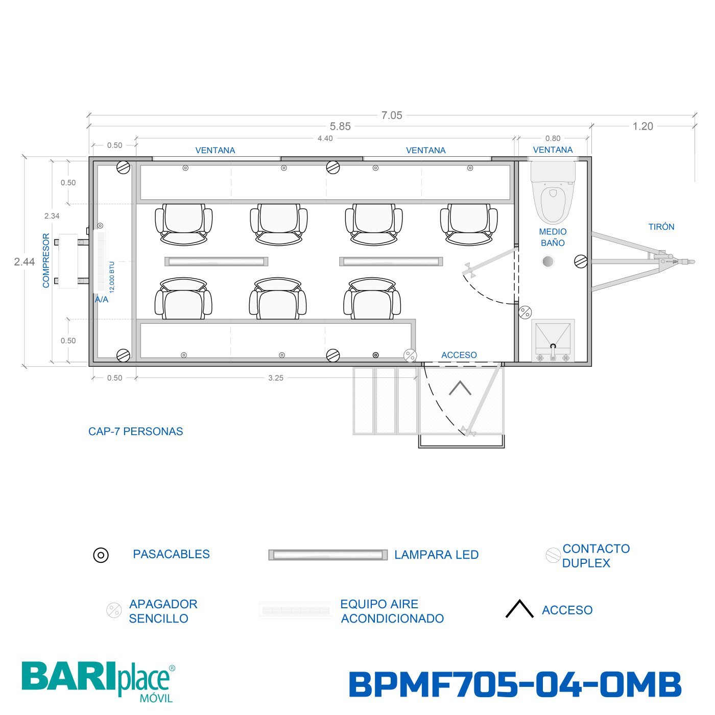 Plano en planta del modelo BPMF705-04-OMB