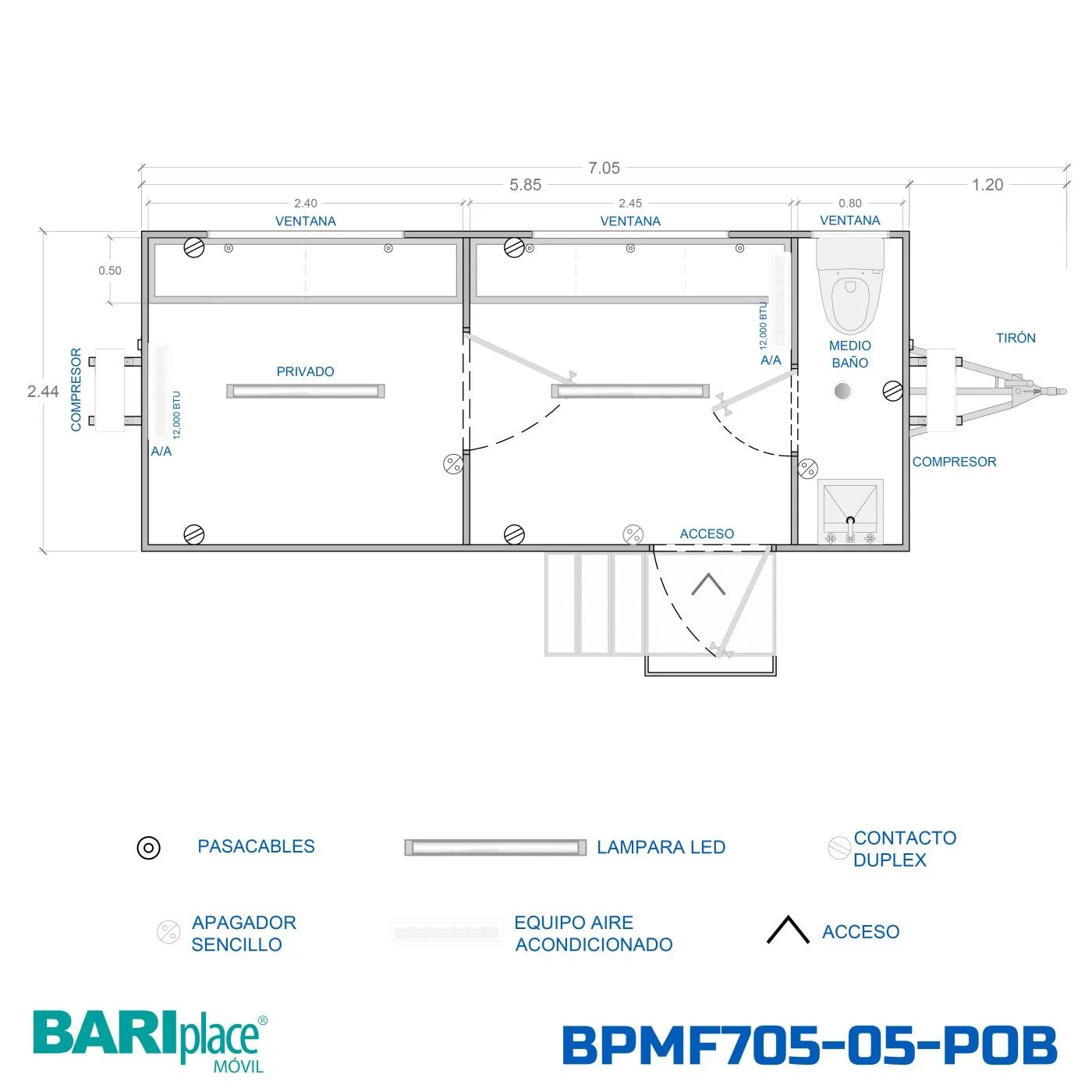 Plano en planta del modelo BPMF705-05-POB