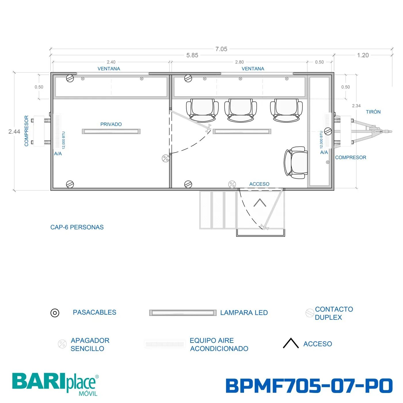 Plano en planta del modelo BPMF705-07-PO