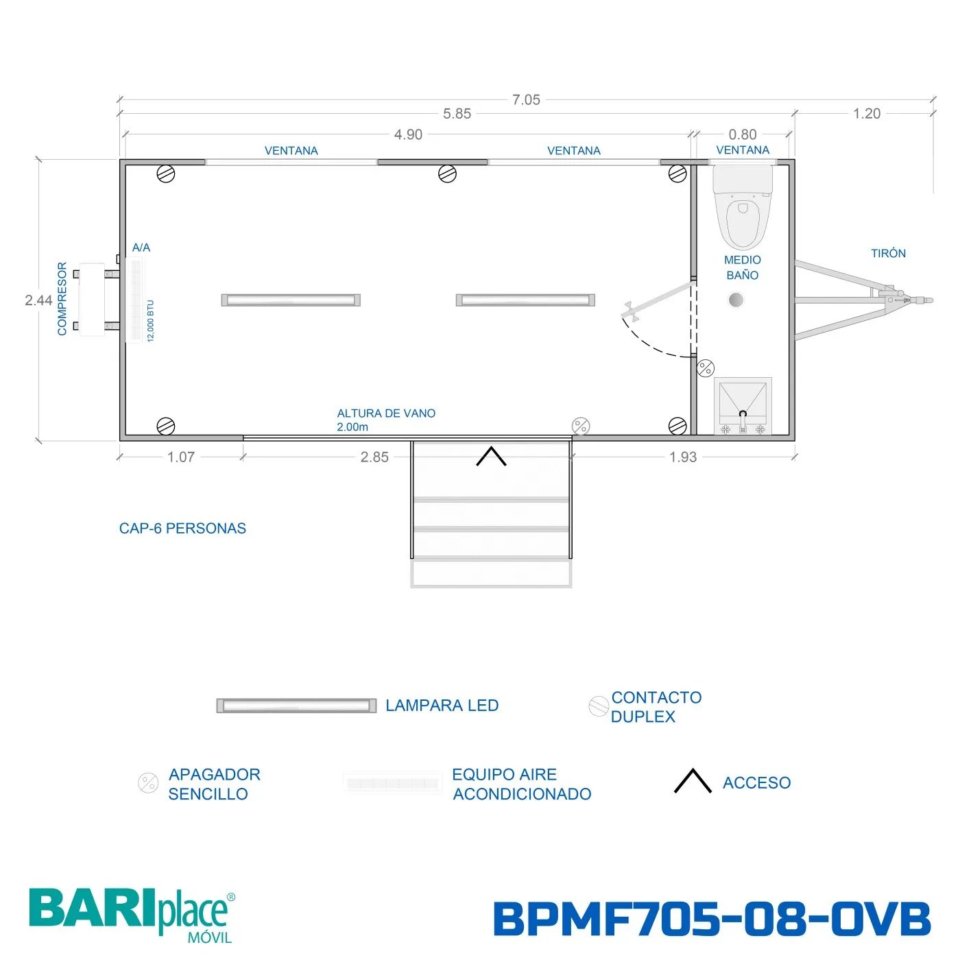Plano en planta del modelo BPMF705-08-OVB