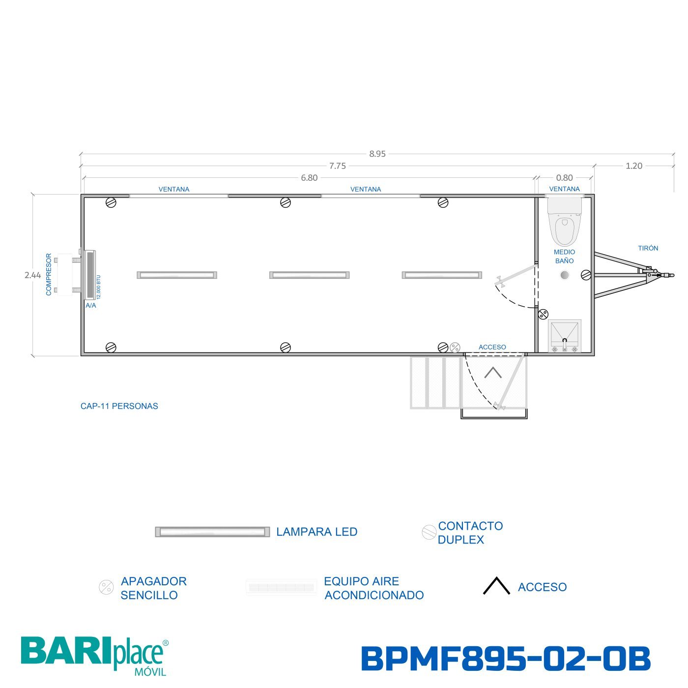 Plano en planta del modelo BPMF895-02-OB