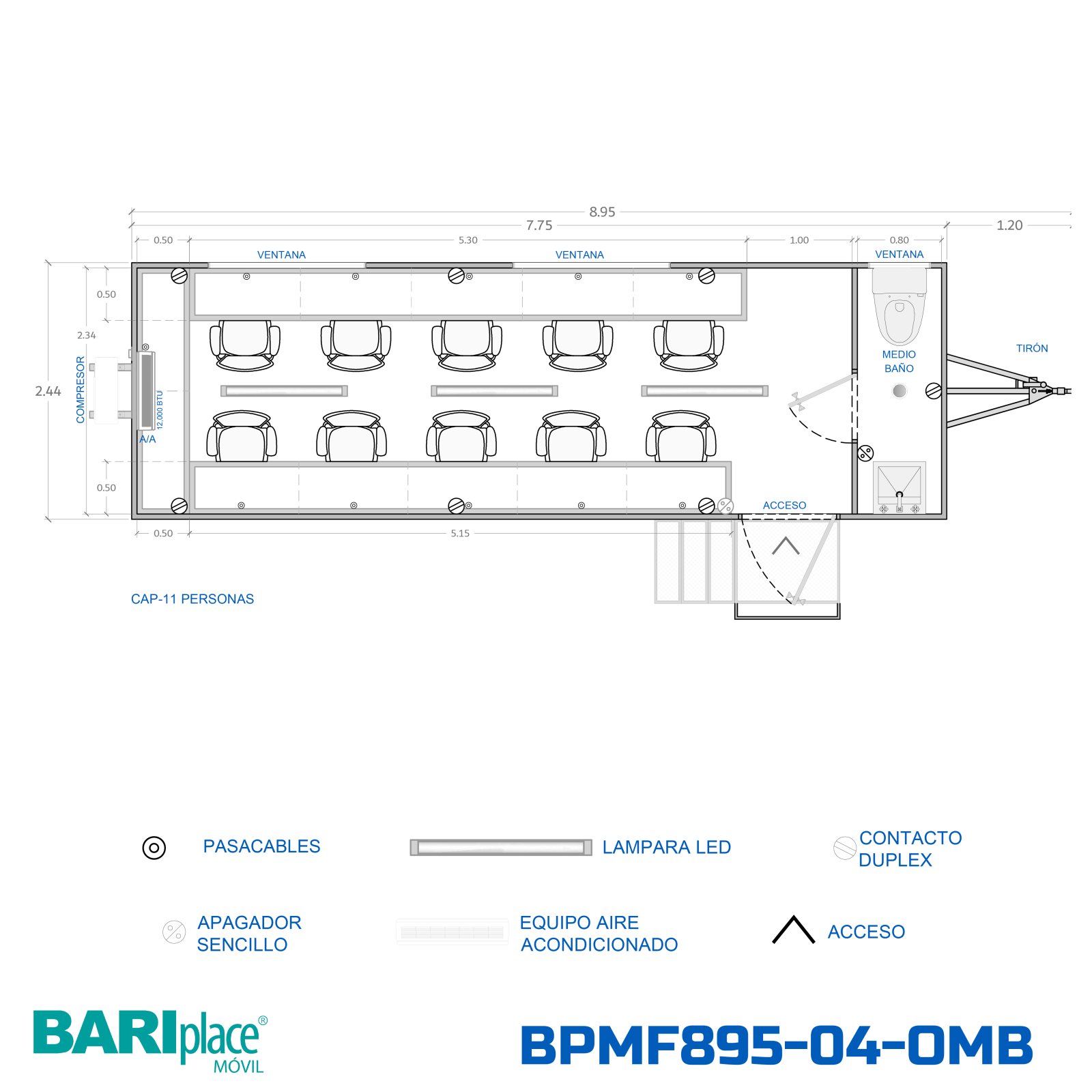 Plano en planta del modelo BPMF895-04-OMB