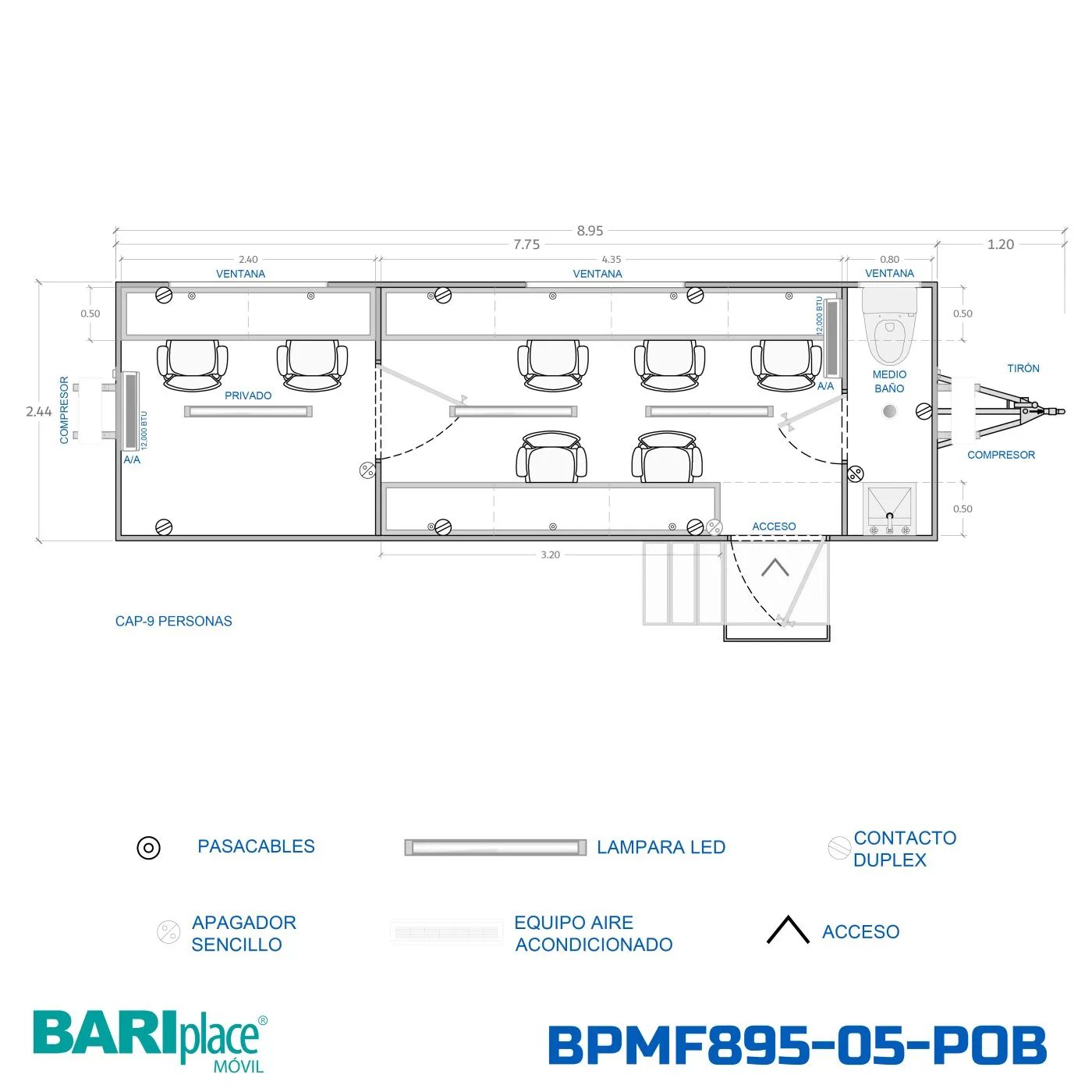 Plano en planta del modelo BPMF895-05-POB