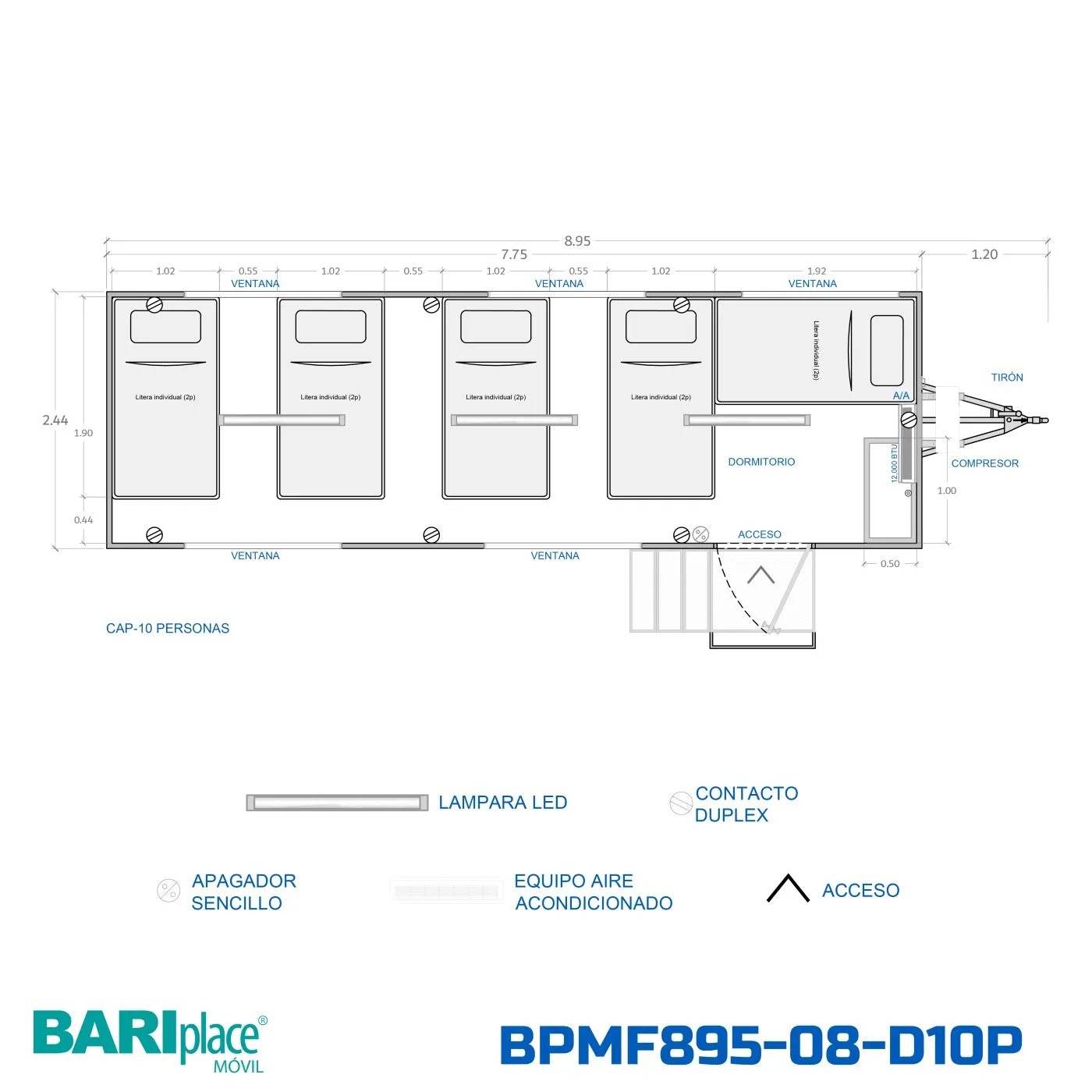 Plano en planta del modelo BPMF895-08-DP10P