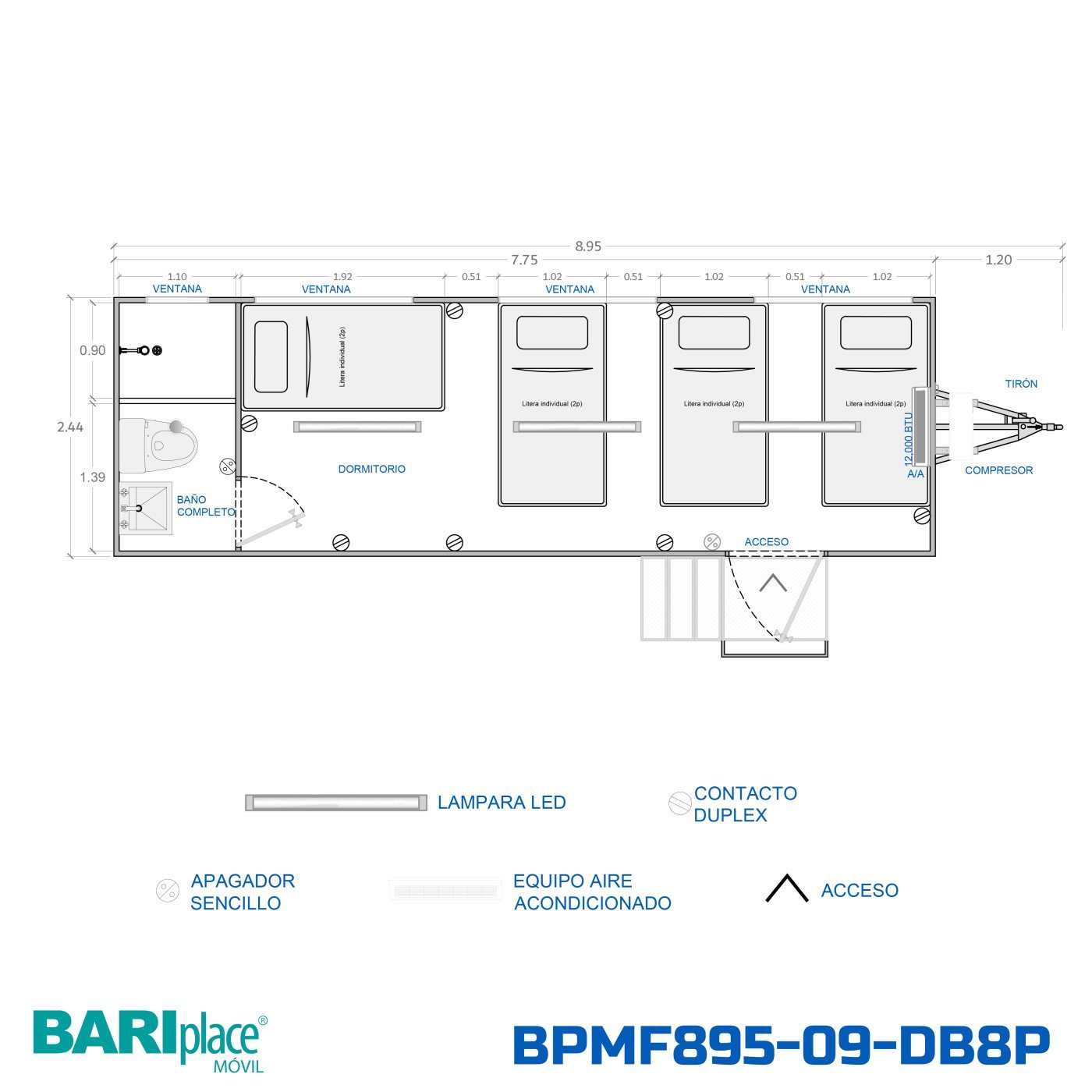 Plano en planta del modelo BPMF895-09-DB8P